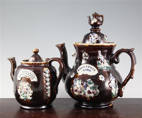 Two Meescham pottery teapots and covers, 32.5cm and 20cm